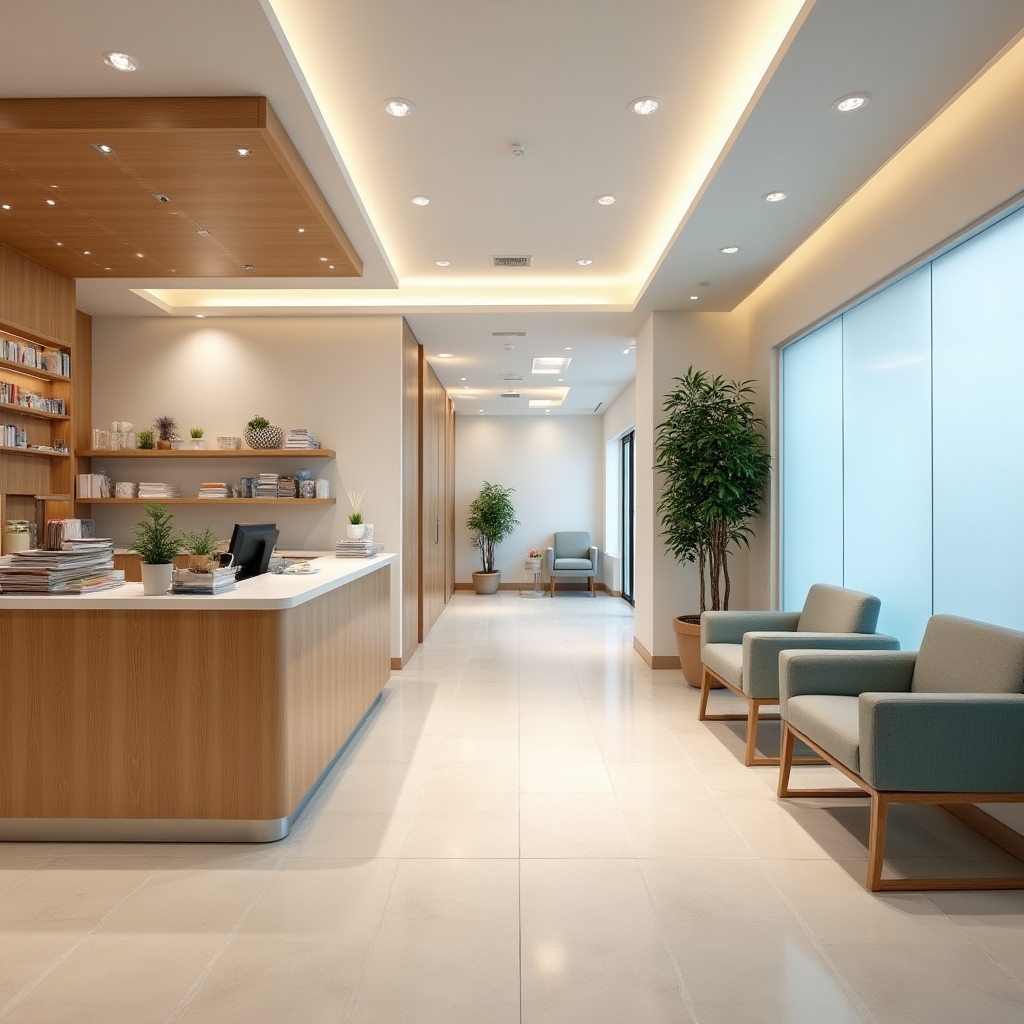 Calm veterinary clinic reception area with warm lighting and organized front desk