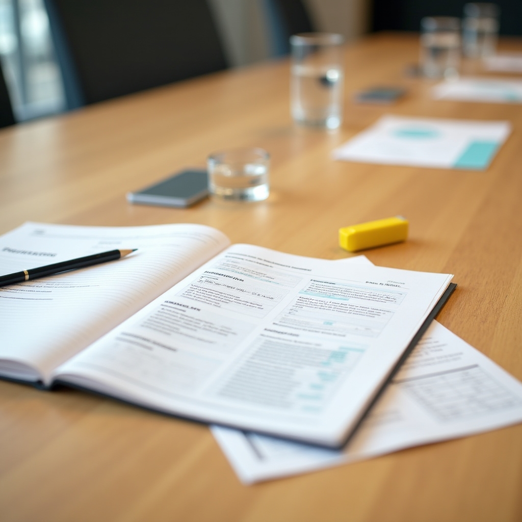 Neatly arranged workshop materials on a conference table including printed guides and notebooks